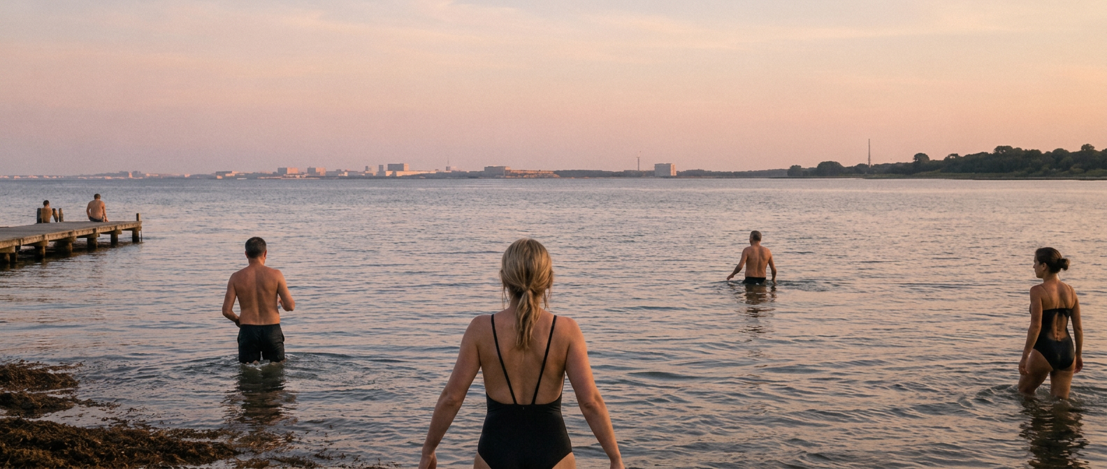A local morning swim group wading into the calm Øresund at sunrise at Amager Strand, with a wooden jetty, bicycle and thermos on the sand