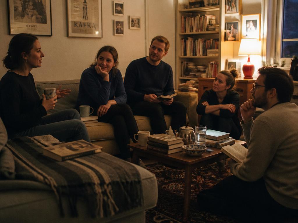 A small book club sitting together in a living room in the evening