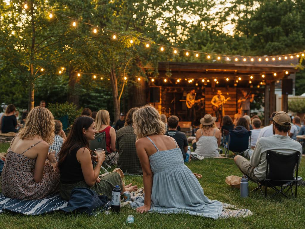 Festival crowd with hands raised at golden hour