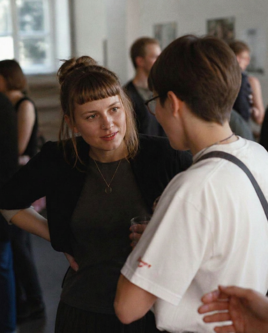 Two people talking closely at a gathering, caught mid-sentence in soft window light